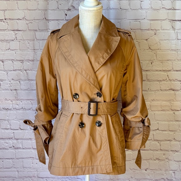Banana Republic Limonta Trench Coat Jacket Modern Bow Tie Sleeve Tan XS - Picture 5 of 13